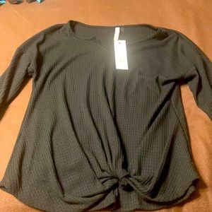 NY collection long sleeve waffle shirt with twist waist detail